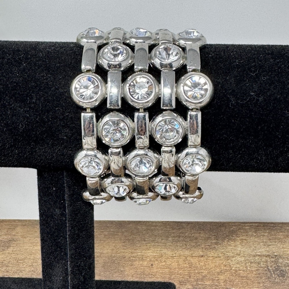 Vintage Mid Century Modern Wide Rhinestone Expansion Bracket Silver Tone 5 Row